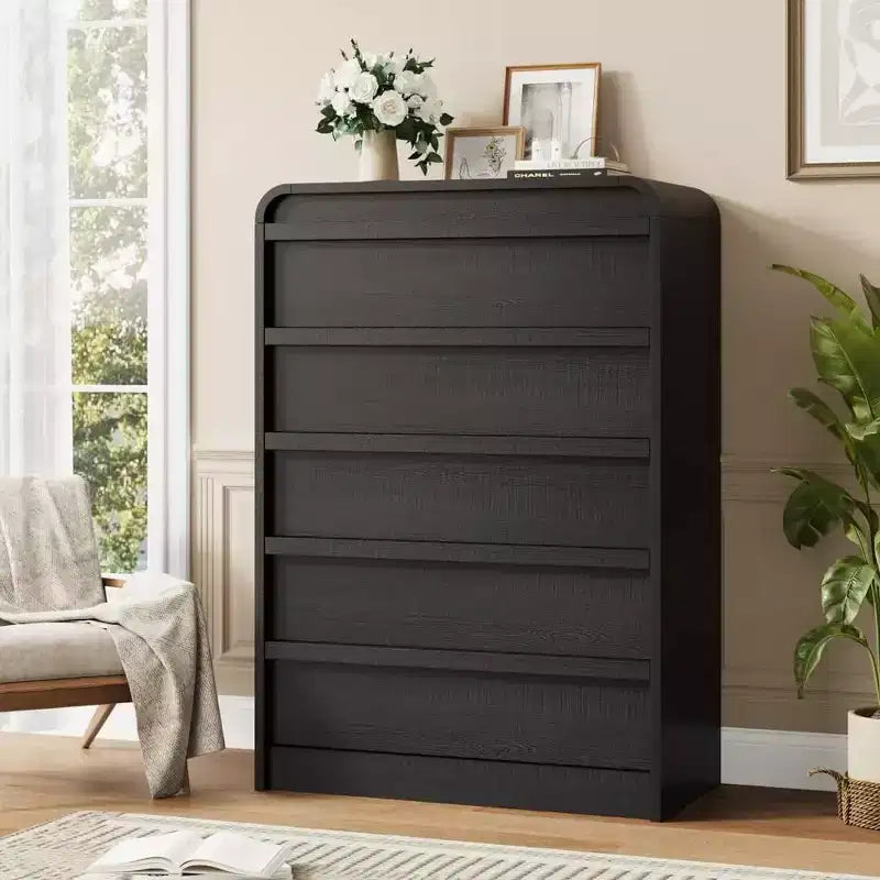 Cómoda moderna de 5 cajones con diseño de arco y borde curvo, mueble independiente para comedor, dormitorio o sala de estar