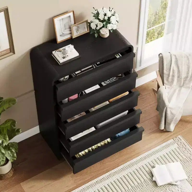 Cómoda moderna de 5 cajones con diseño de arco y borde curvo, mueble independiente para comedor, dormitorio o sala de estar