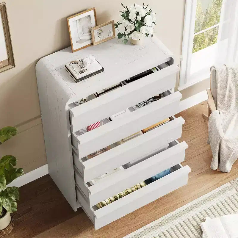 Cómoda moderna de 5 cajones con diseño de arco y borde curvo, mueble independiente para comedor, dormitorio o sala de estar