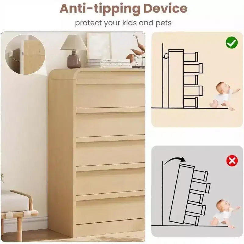 Cómoda moderna de 5 cajones con diseño de arco y borde curvo, mueble independiente para comedor, dormitorio o sala de estar