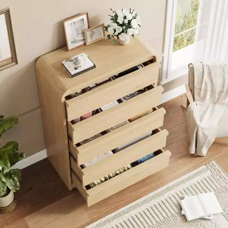Cómoda moderna de 5 cajones con diseño de arco y borde curvo, mueble independiente para comedor, dormitorio o sala de estar