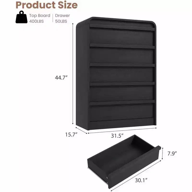 Cómoda moderna de 5 cajones con diseño de arco y borde curvo, mueble independiente para comedor, dormitorio o sala de estar