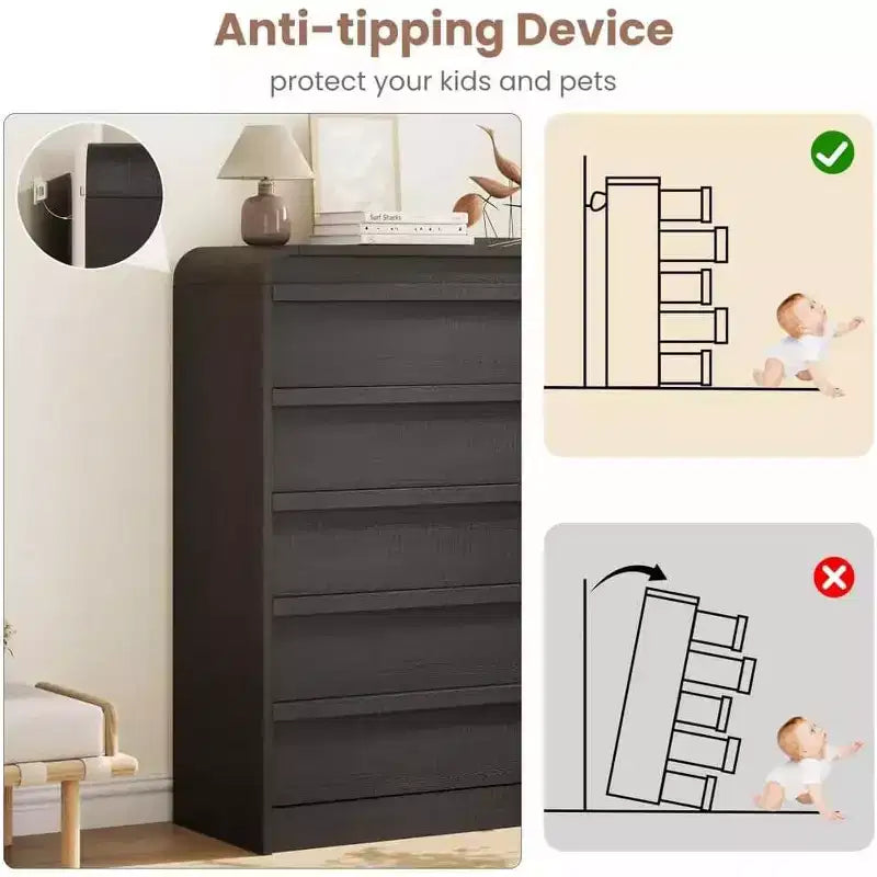Cómoda moderna de 5 cajones con diseño de arco y borde curvo, mueble independiente para comedor, dormitorio o sala de estar