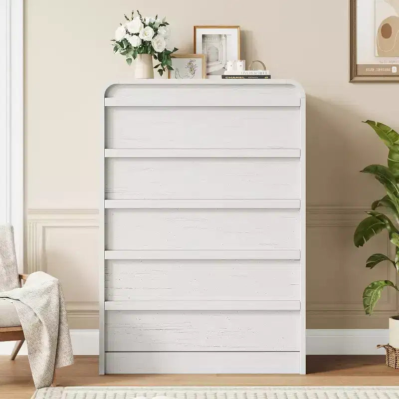 Cómoda moderna de 5 cajones con diseño de arco y borde curvo, mueble independiente para comedor, dormitorio o sala de estar