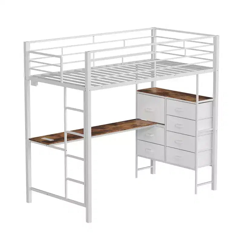 Karl Home Cama alta individual negra con escritorio, litera con 7 cajones de almacenamiento y luz LED