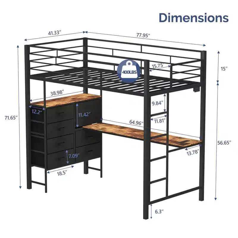 Karl Home Cama alta individual negra con escritorio, litera con 7 cajones de almacenamiento y luz LED