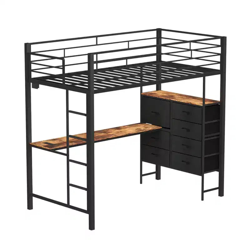 Karl Home Cama alta individual negra con escritorio, litera con 7 cajones de almacenamiento y luz LED