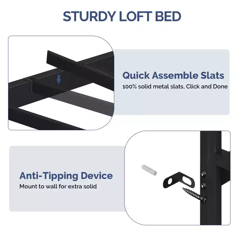 Karl Home Cama alta individual negra con escritorio, litera con 7 cajones de almacenamiento y luz LED