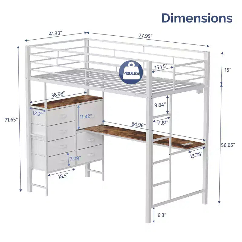 Karl Home Cama alta individual negra con escritorio, litera con 7 cajones de almacenamiento y luz LED