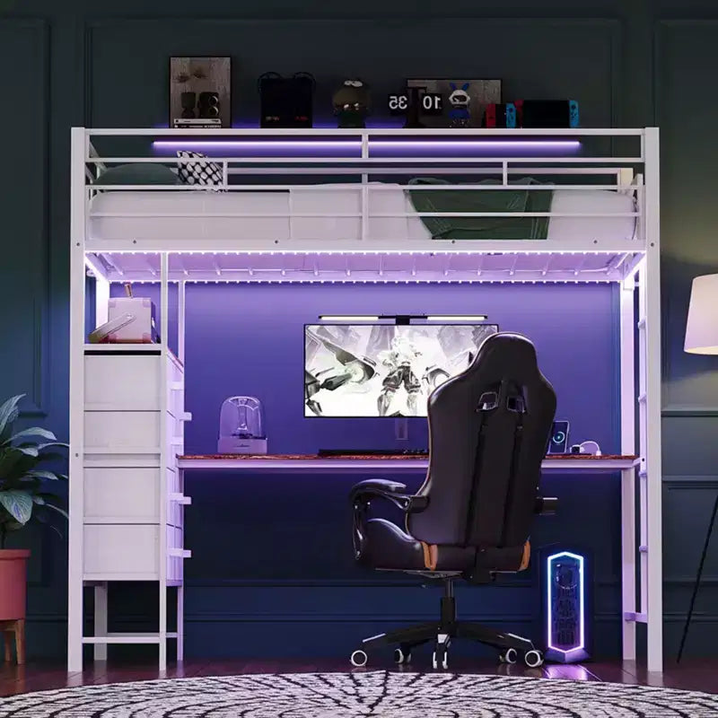 Karl Home Cama alta individual negra con escritorio, litera con 7 cajones de almacenamiento y luz LED