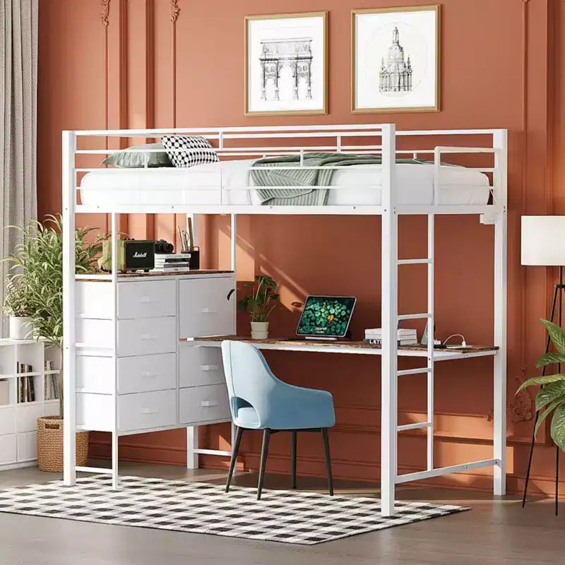 Karl Home Cama alta individual negra con escritorio, litera con 7 cajones de almacenamiento y luz LED