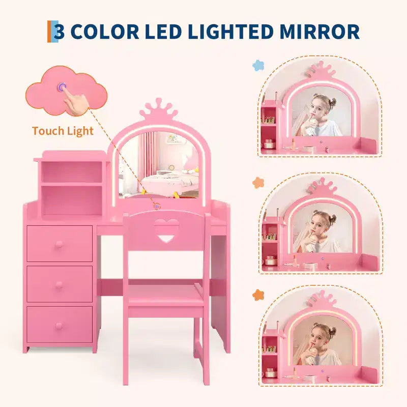 Tocador de Niñas con Espejo Iluminado, Set de Tocador de Madera Rosa con Silla, Cajones, Porta Brochas y Estantes de Almacenamiento, para Niñas Pequeñas