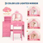 Tocador de Niñas con Espejo Iluminado, Set de Tocador de Madera Rosa con Silla, Cajones, Porta Brochas y Estantes de Almacenamiento, para Niñas Pequeñas