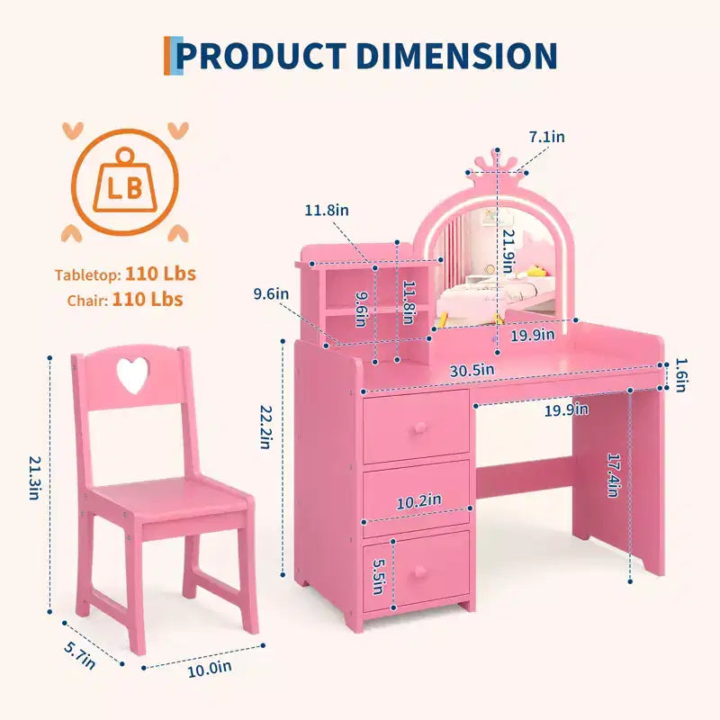 Tocador de Niñas con Espejo Iluminado, Set de Tocador de Madera Rosa con Silla, Cajones, Porta Brochas y Estantes de Almacenamiento, para Niñas Pequeñas