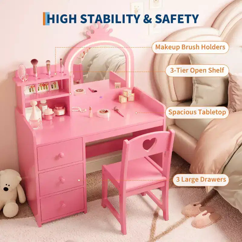 Tocador de Niñas con Espejo Iluminado, Set de Tocador de Madera Rosa con Silla, Cajones, Porta Brochas y Estantes de Almacenamiento, para Niñas Pequeñas