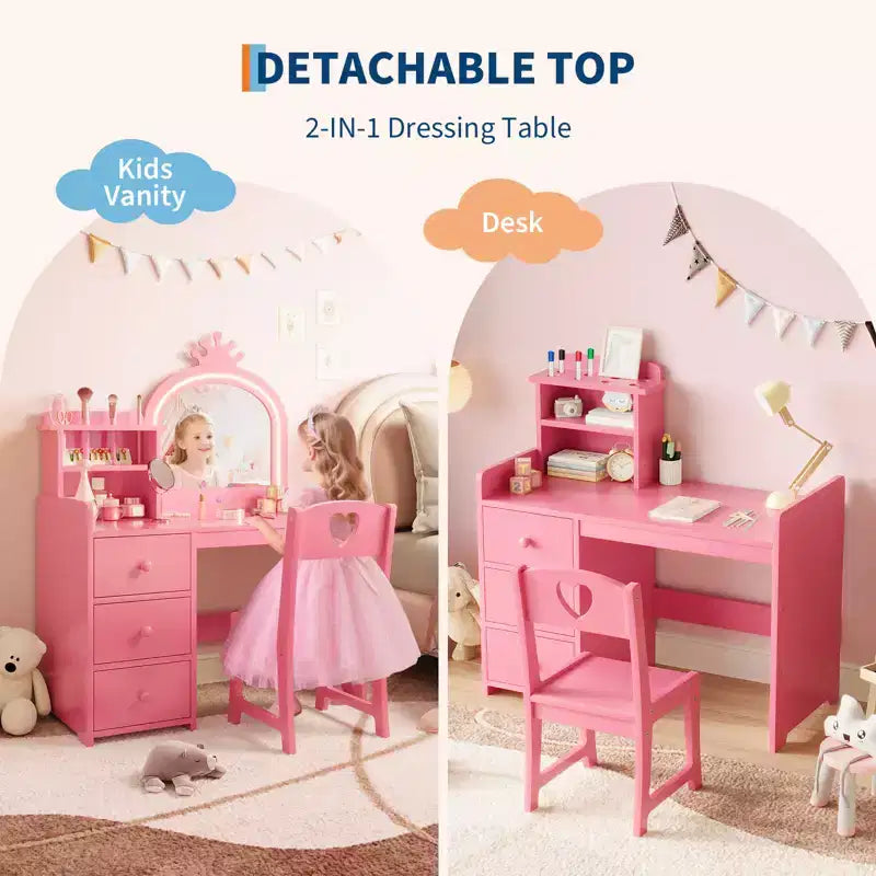 Tocador de Niñas con Espejo Iluminado, Set de Tocador de Madera Rosa con Silla, Cajones, Porta Brochas y Estantes de Almacenamiento, para Niñas Pequeñas