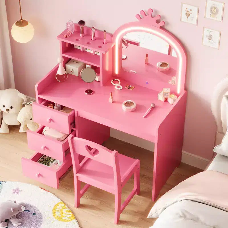 Tocador de Niñas con Espejo Iluminado, Set de Tocador de Madera Rosa con Silla, Cajones, Porta Brochas y Estantes de Almacenamiento, para Niñas Pequeñas
