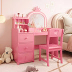Tocador de Niñas con Espejo Iluminado, Set de Tocador de Madera Rosa con Silla, Cajones, Porta Brochas y Estantes de Almacenamiento, para Niñas Pequeñas