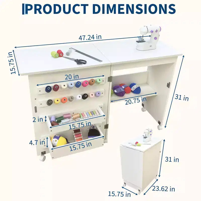 Mesa de costura plegable con ruedas, estantes de almacenamiento, bandejas de almacenamiento, clavijas de madera para el trabajo y el hogar