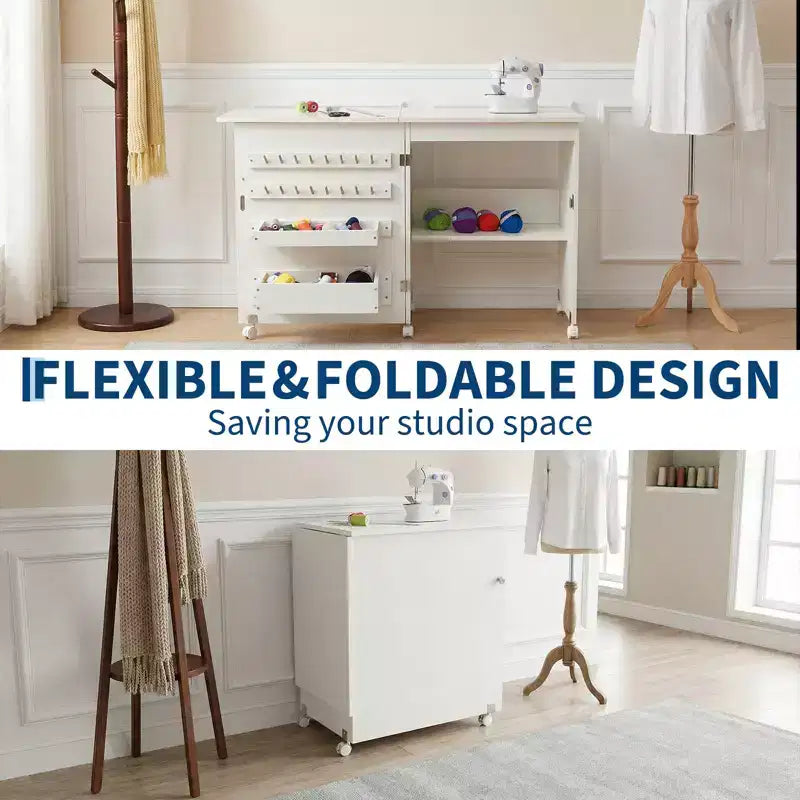 Mesa de costura plegable con ruedas, estantes de almacenamiento, bandejas de almacenamiento, clavijas de madera para el trabajo y el hogar