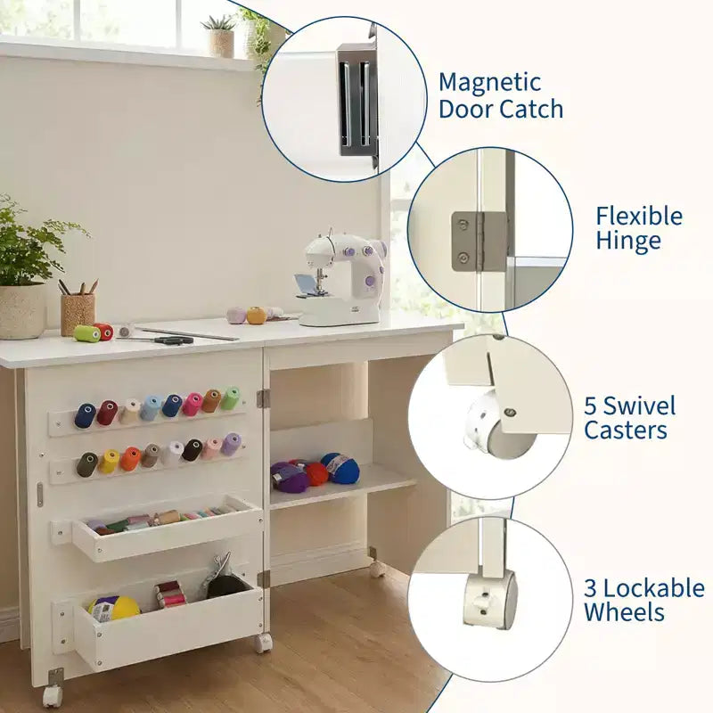 Mesa de costura plegable con ruedas, estantes de almacenamiento, bandejas de almacenamiento, clavijas de madera para el trabajo y el hogar