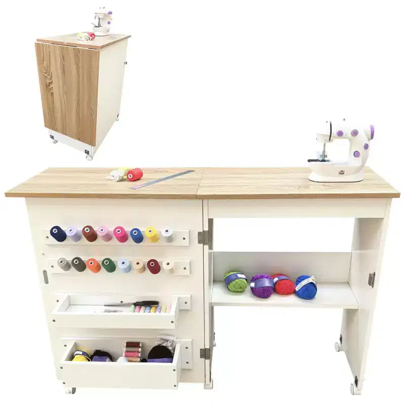Mesa de costura plegable con ruedas, estantes de almacenamiento, bandejas de almacenamiento, clavijas de madera para el trabajo y el hogar