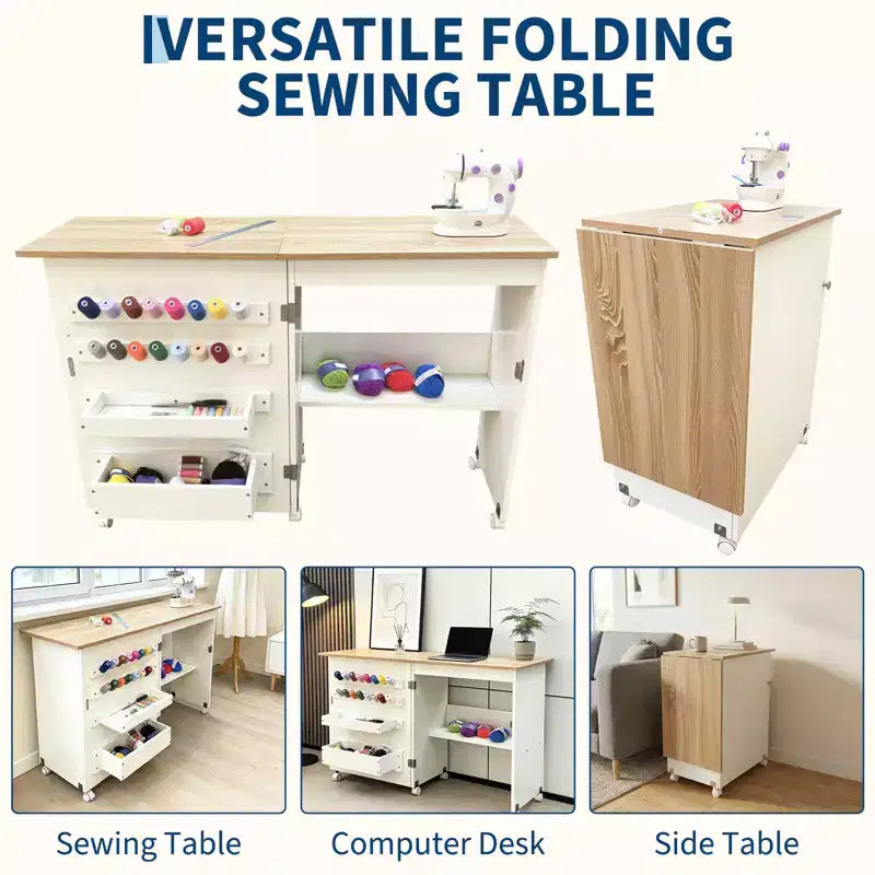 Mesa de costura plegable con ruedas, estantes de almacenamiento, bandejas de almacenamiento, clavijas de madera para el trabajo y el hogar