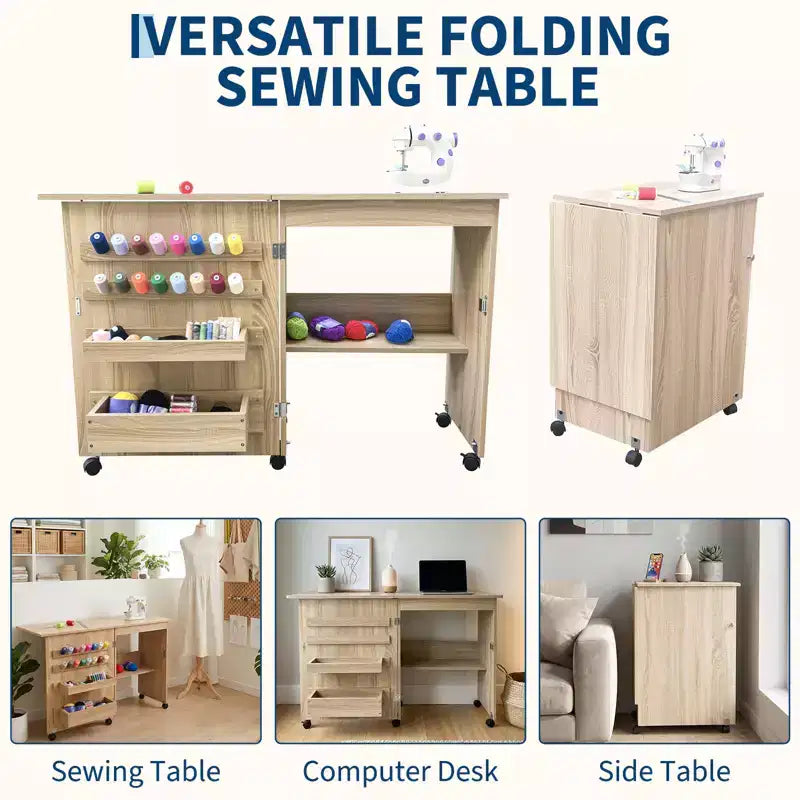 Mesa de costura plegable con ruedas, estantes de almacenamiento, bandejas de almacenamiento, clavijas de madera para el trabajo y el hogar