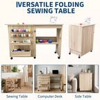 Mesa de costura plegable con ruedas, estantes de almacenamiento, bandejas de almacenamiento, clavijas de madera para el trabajo y el hogar
