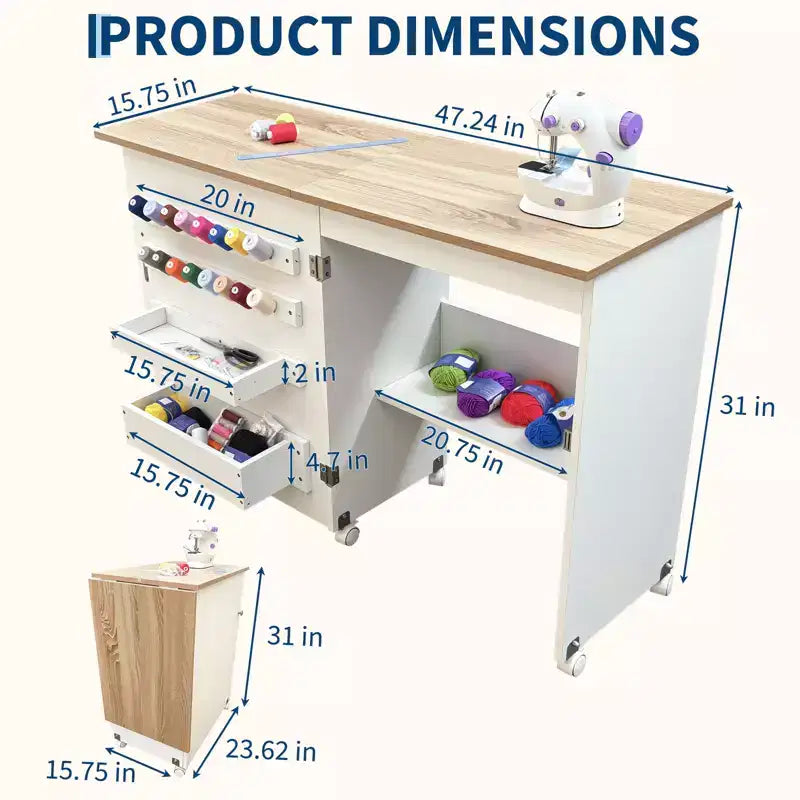 Mesa de costura plegable con ruedas, estantes de almacenamiento, bandejas de almacenamiento, clavijas de madera para el trabajo y el hogar