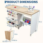 Mesa de costura plegable con ruedas, estantes de almacenamiento, bandejas de almacenamiento, clavijas de madera para el trabajo y el hogar