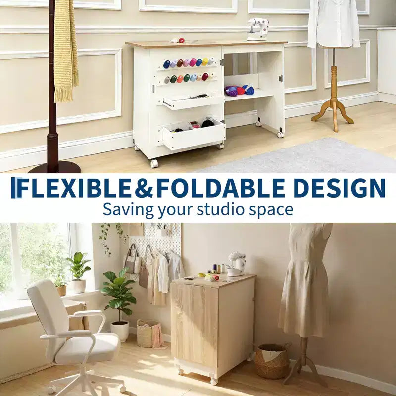 Mesa de costura plegable con ruedas, estantes de almacenamiento, bandejas de almacenamiento, clavijas de madera para el trabajo y el hogar