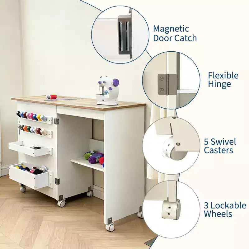 Mesa de costura plegable con ruedas, estantes de almacenamiento, bandejas de almacenamiento, clavijas de madera para el trabajo y el hogar