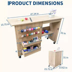 Mesa de costura plegable con ruedas, estantes de almacenamiento, bandejas de almacenamiento, clavijas de madera para el trabajo y el hogar