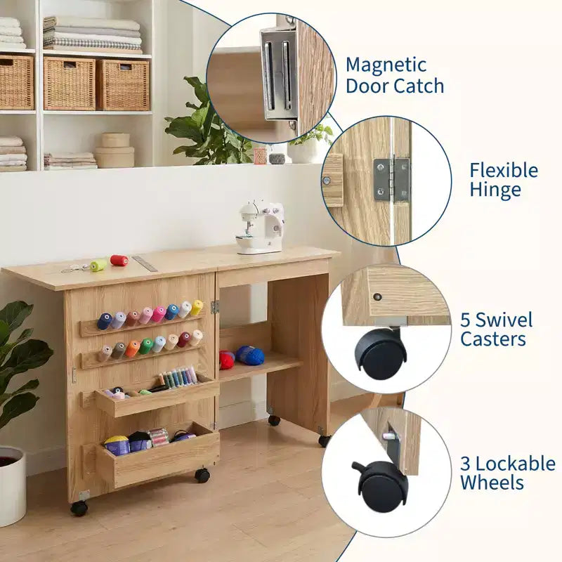 Mesa de costura plegable con ruedas, estantes de almacenamiento, bandejas de almacenamiento, clavijas de madera para el trabajo y el hogar