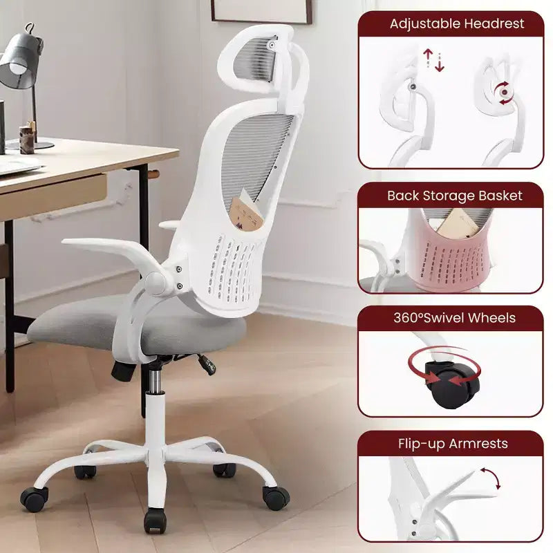 Silla de oficina ergonómica de malla de respaldo alto JIONJOY - Reposacabezas ajustable, reposabrazos abatibles, respaldo de malla transpirable, silla giratoria para el hogar y la oficina