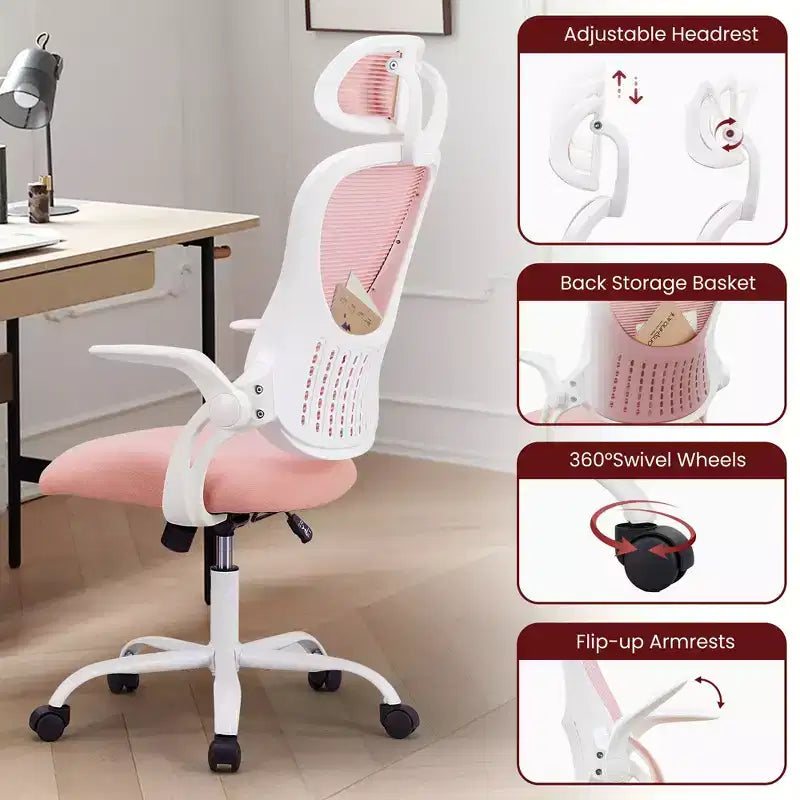 Silla de oficina ergonómica de malla de respaldo alto JIONJOY - Reposacabezas ajustable, reposabrazos abatibles, respaldo de malla transpirable, silla giratoria para el hogar y la oficina