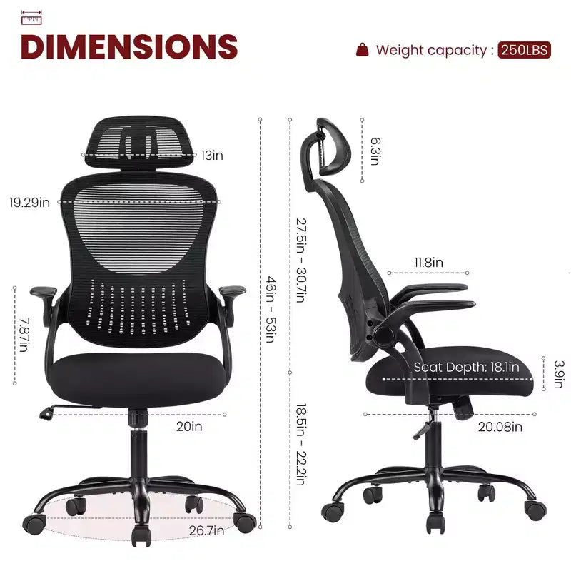 Silla de oficina ergonómica de malla de respaldo alto JIONJOY - Reposacabezas ajustable, reposabrazos abatibles, respaldo de malla transpirable, silla giratoria para el hogar y la oficina