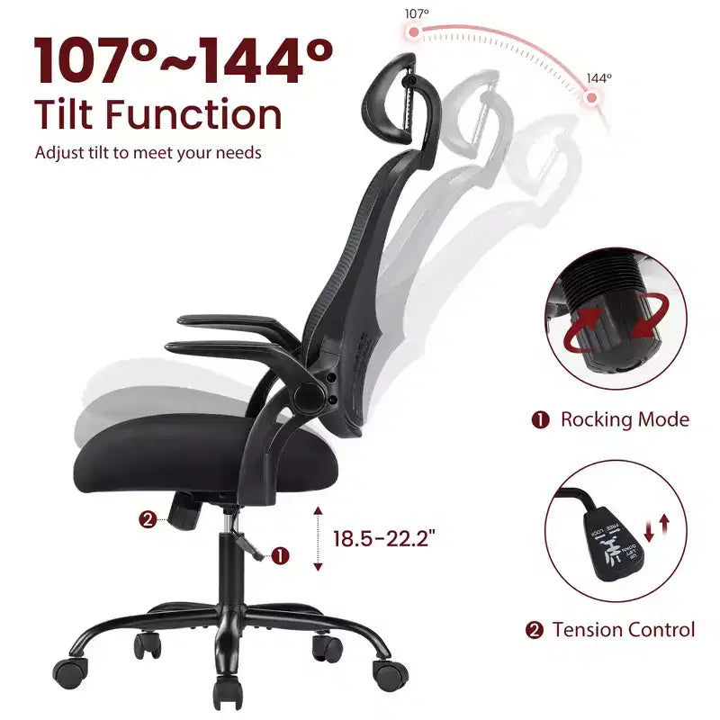 Silla de oficina ergonómica de malla de respaldo alto JIONJOY - Reposacabezas ajustable, reposabrazos abatibles, respaldo de malla transpirable, silla giratoria para el hogar y la oficina