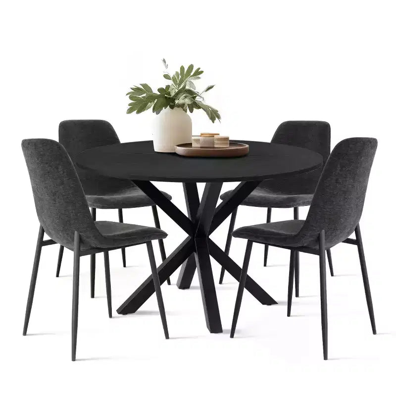 Juego de comedor redondo de 5 piezas con 4 sillas tapizadas, mesa de cocina con pedestal negra para espacios pequeños-Panipeachy