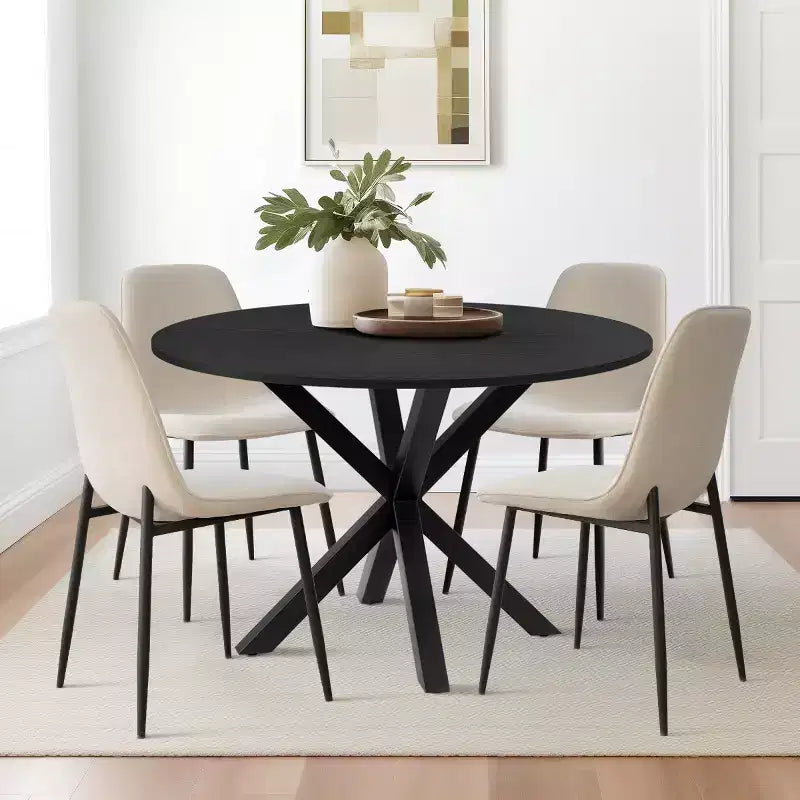 Juego de comedor redondo de 5 piezas con 4 sillas tapizadas, mesa de cocina con pedestal negra para espacios pequeños-Panipeachy