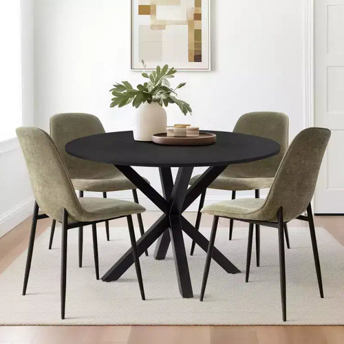 5-Piece Round Dining Table Set with 4 Upholstered Chairs, Black Pedestal Kitchen Table for Small Spaces-Panipeachy