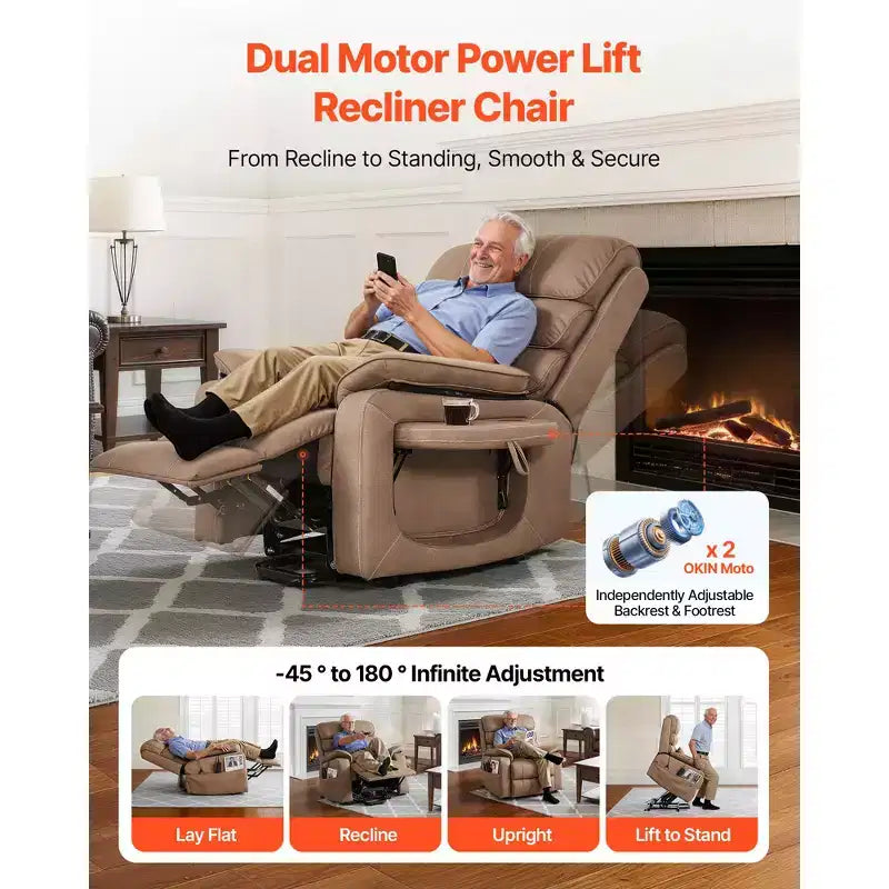 VEVOR Sillón reclinable eléctrico, motor dual, silla elevadora eléctrica ancha mediana con calor y masaje para personas mayores, ajuste de posición infinita, marrón
