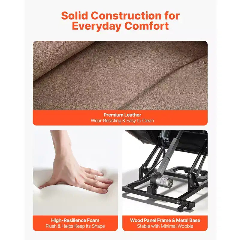 VEVOR Sillón reclinable eléctrico, motor dual, silla elevadora eléctrica ancha mediana con calor y masaje para personas mayores, ajuste de posición infinita, marrón