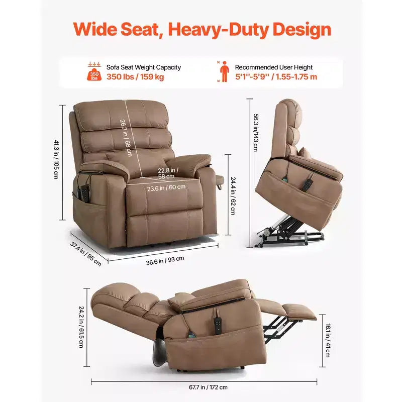VEVOR Sillón reclinable eléctrico, motor dual, silla elevadora eléctrica ancha mediana con calor y masaje para personas mayores, ajuste de posición infinita, marrón