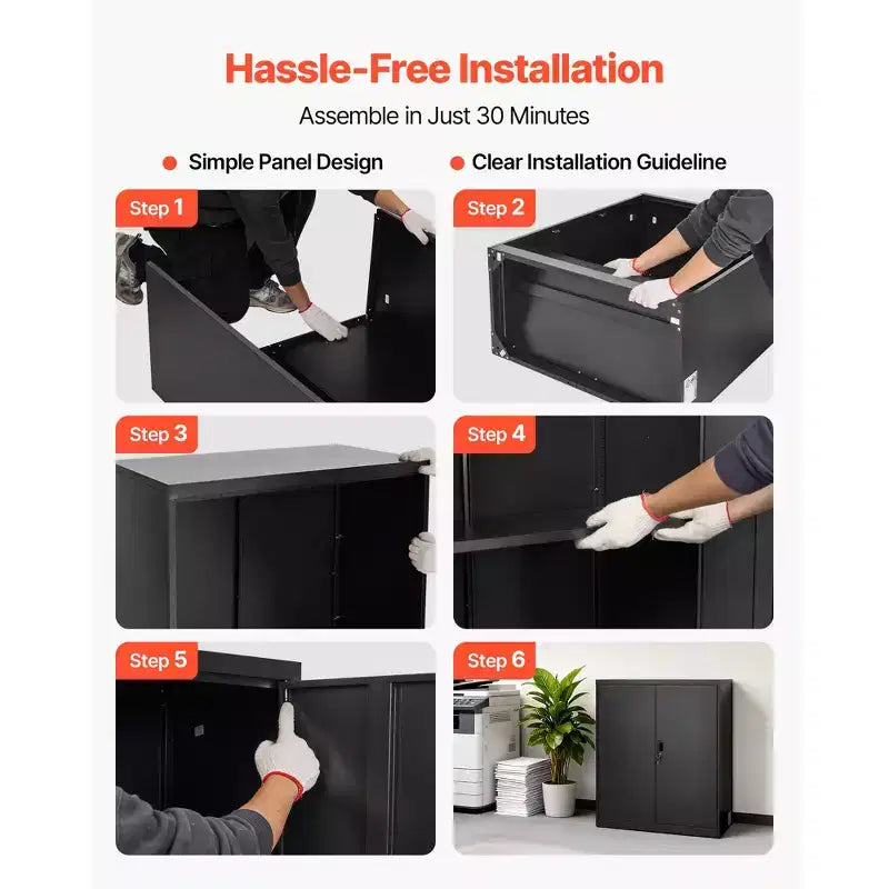 Armario de almacenamiento de metal VEVOR, gabinete de garaje de acero de 105,9 cm con 2 estantes ajustables, 2 puertas magnéticas y 2 llaves, almacenamiento de herramientas con cerradura de 3 niveles, negro
