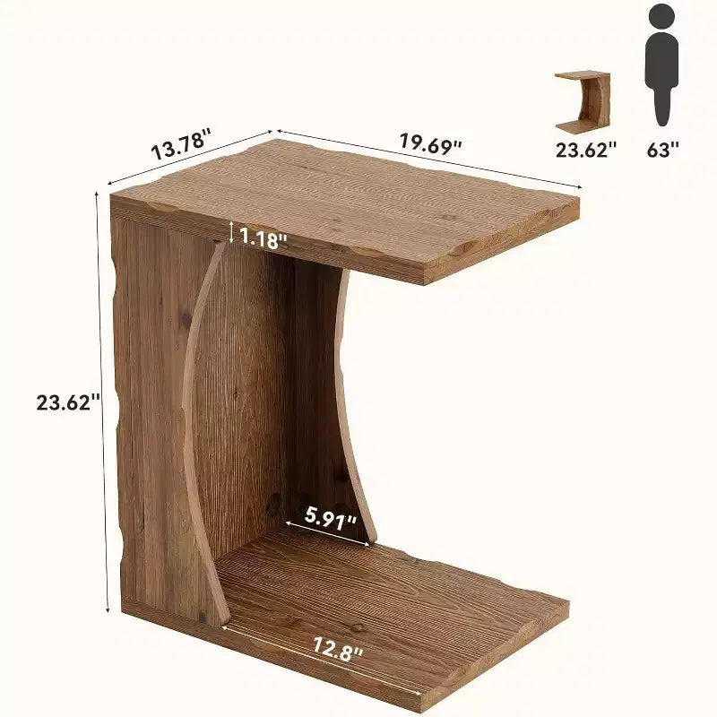 Mesa auxiliar Lantine en forma de C para sala de estar, mesa auxiliar estrecha de madera maciza para sofá con estante de almacenamiento para fácil montaje, marrón rústico