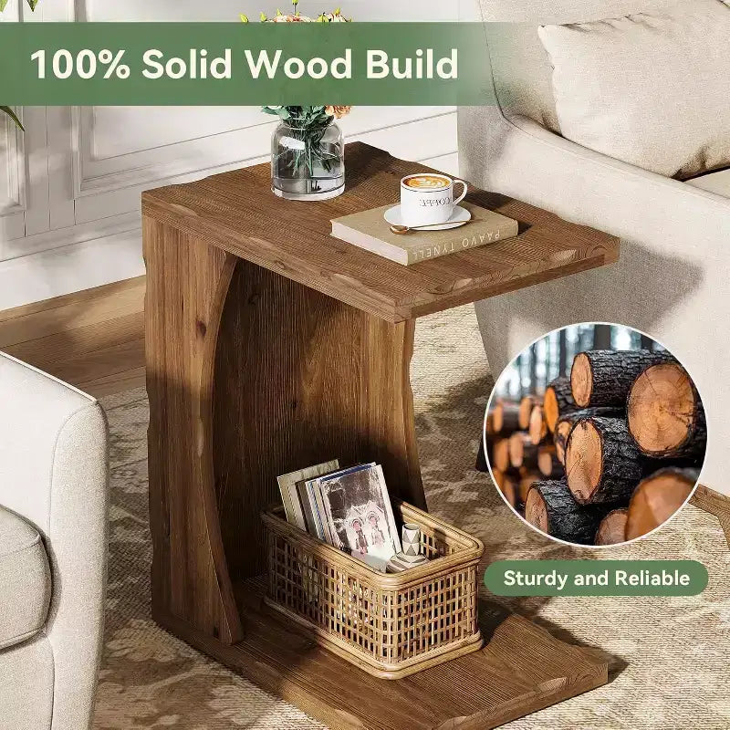 Mesa auxiliar Lantine en forma de C para sala de estar, mesa auxiliar estrecha de madera maciza para sofá con estante de almacenamiento para fácil montaje, marrón rústico