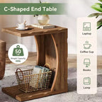 Mesa auxiliar Lantine en forma de C para sala de estar, mesa auxiliar estrecha de madera maciza para sofá con estante de almacenamiento para fácil montaje, marrón rústico
