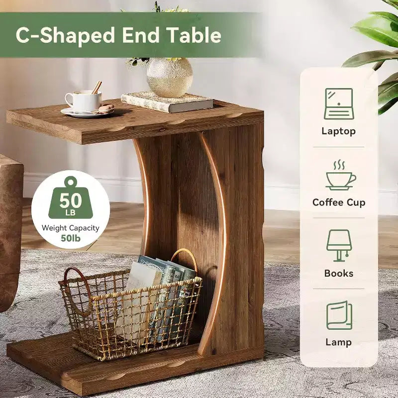 Mesa auxiliar Lantine en forma de C para sala de estar, mesa auxiliar estrecha de madera maciza para sofá con estante de almacenamiento para fácil montaje, marrón rústico